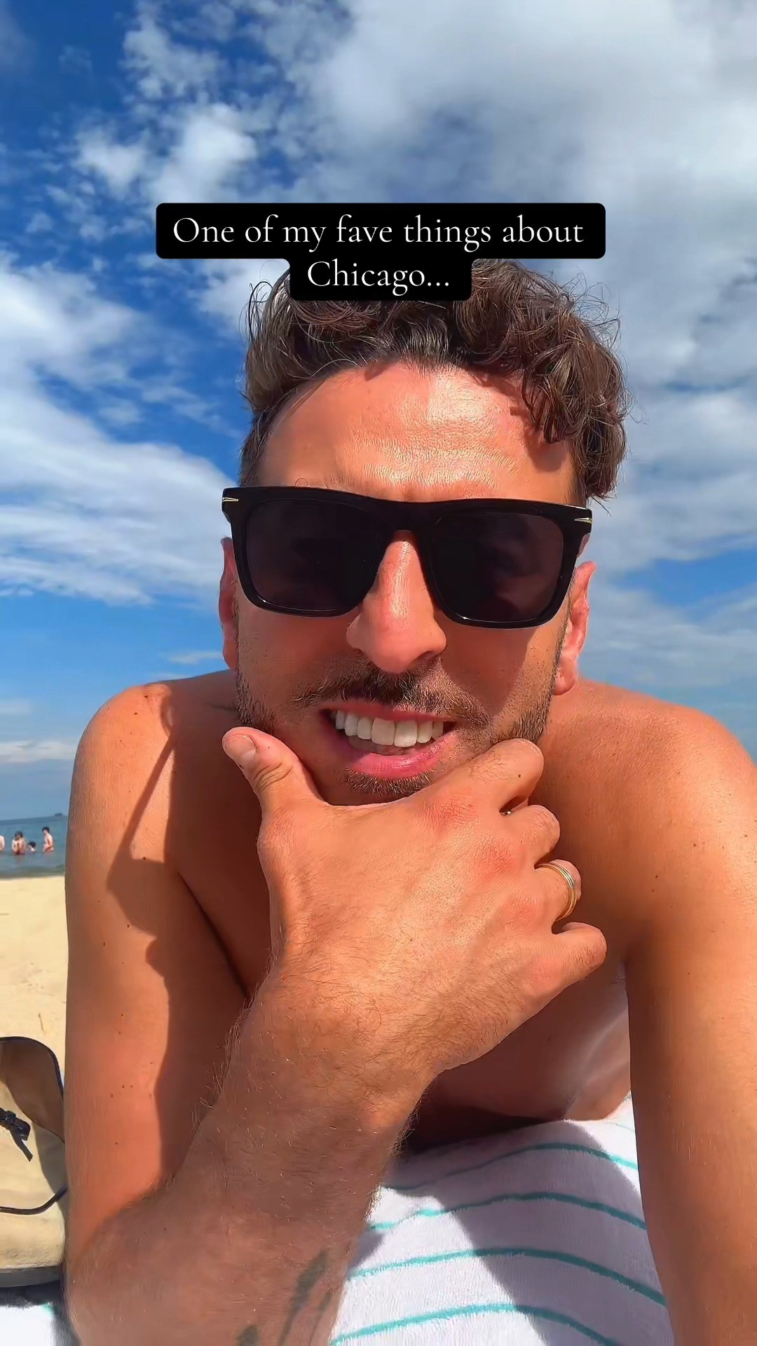 Instagram post by @frankie.exp.edition for Choose Chicago. Caption reads: Beach life and city views all in one ☀️ Summertime....