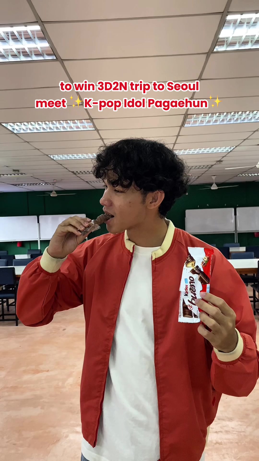TikTok post by @adamshaufy for Kinder. Caption reads: Bosan study? Makan Kinder Bueno dulu 🍫 rasa....