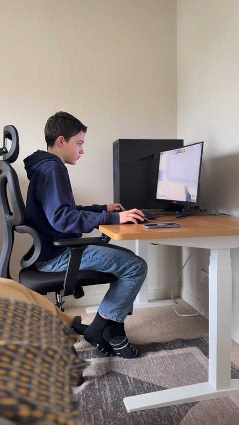 Instagram post by @honeybeeandhollie for FlexiSpot. Caption reads: [...] desk has now been upgraded to the FlexiSpot....