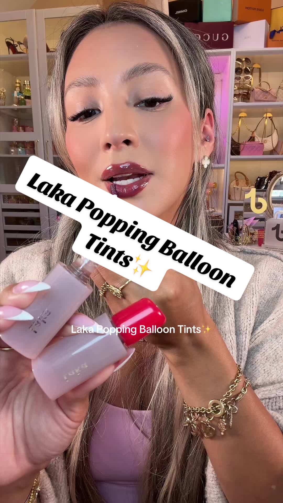 TikTok post by @giniglow for LAKA. Caption reads: 🎈✨Laka New Popping Balloon Tints✨#laka [...].