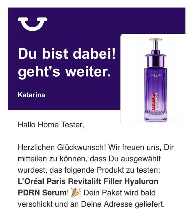 Instagram post by @katarina_miljevic for Home Tester Club. Caption reads: [...] Filler Hyaluron PDRN Serum✨ Danke....