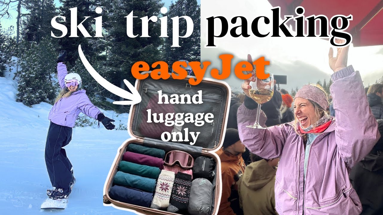 YouTube post by @BackpackingBananas for SafetyWing. Caption reads: How I Packed for a Ski Trip with Easyjet Hand....