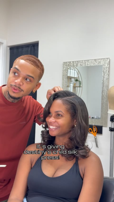 Instagram post by @cozmo.colorz for CÉCRED. Caption reads: Is she 90s fine or what? Silk press using @cecred....