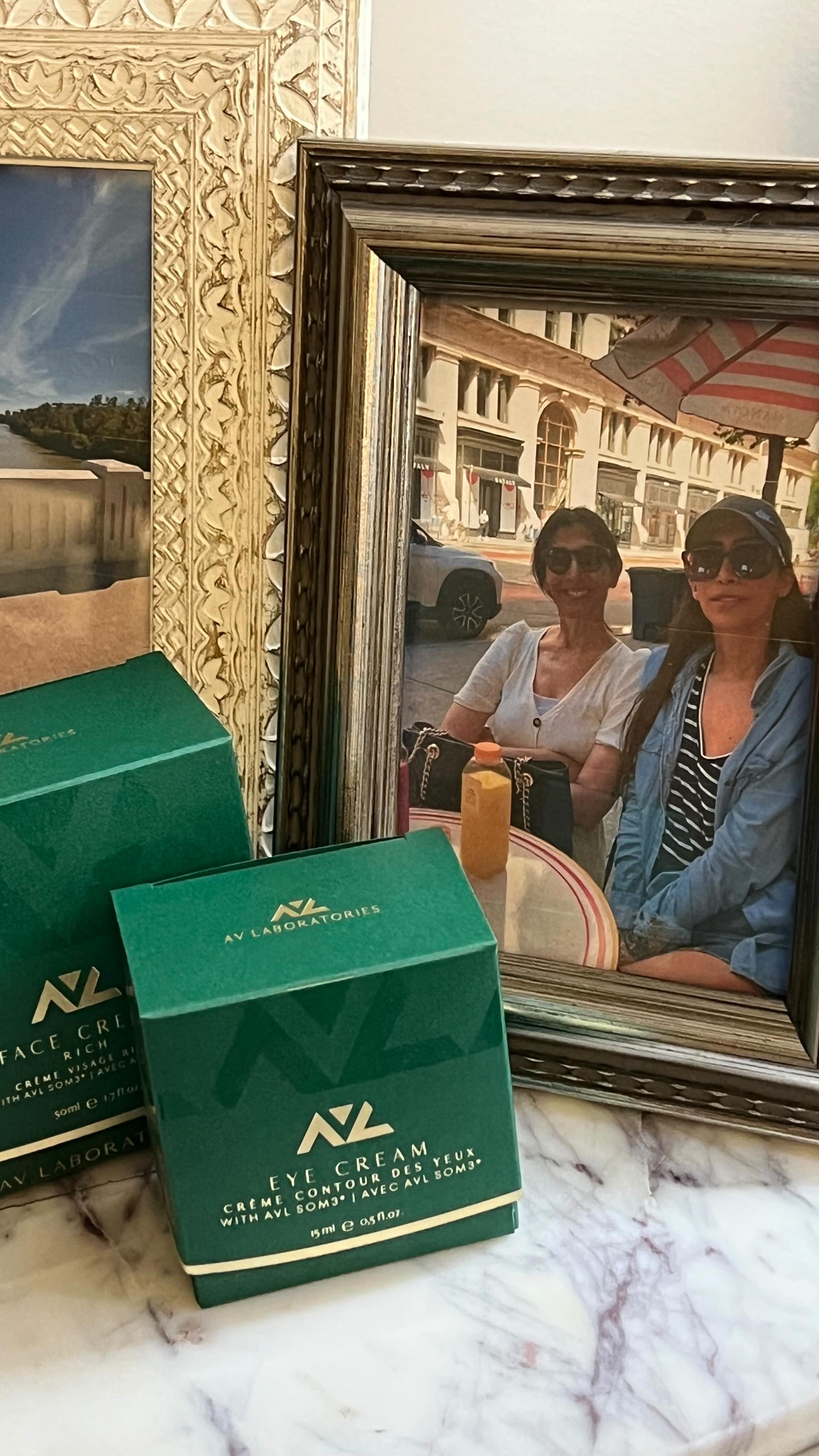 Instagram post by @thatdesiglow for AV Laboratories. Caption reads: [...] chose a full skincare set from....