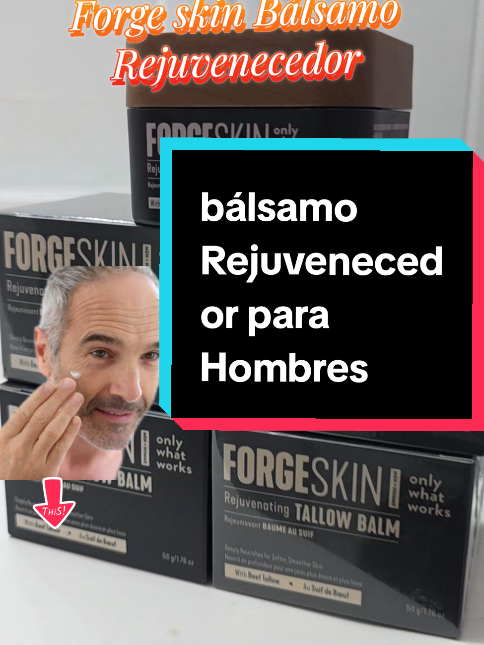 TikTok post by @cortes_mingo for Forge Skin. Caption reads: Forgeskin Bálsamo Rejuvenecedor para Hombres for....