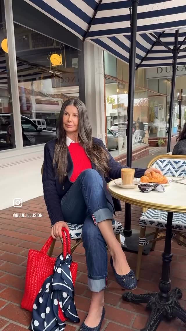 Instagram post by @violeta.zuvela for Blue Illusion. Caption reads: [...] #over60model #classicmodel #blueillusion....