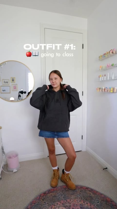 Instagram post by @alyssadarland for Timberland. Caption reads: back-to-school Timbs outfit ideas!! @timberland....
