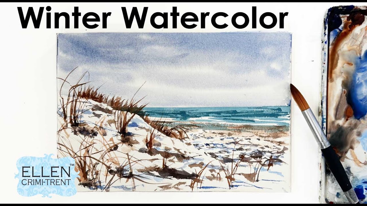 YouTube post by @ellencrimitrent for Unsplash. Caption reads: How to paint a Winter Beach scene in watercolor.