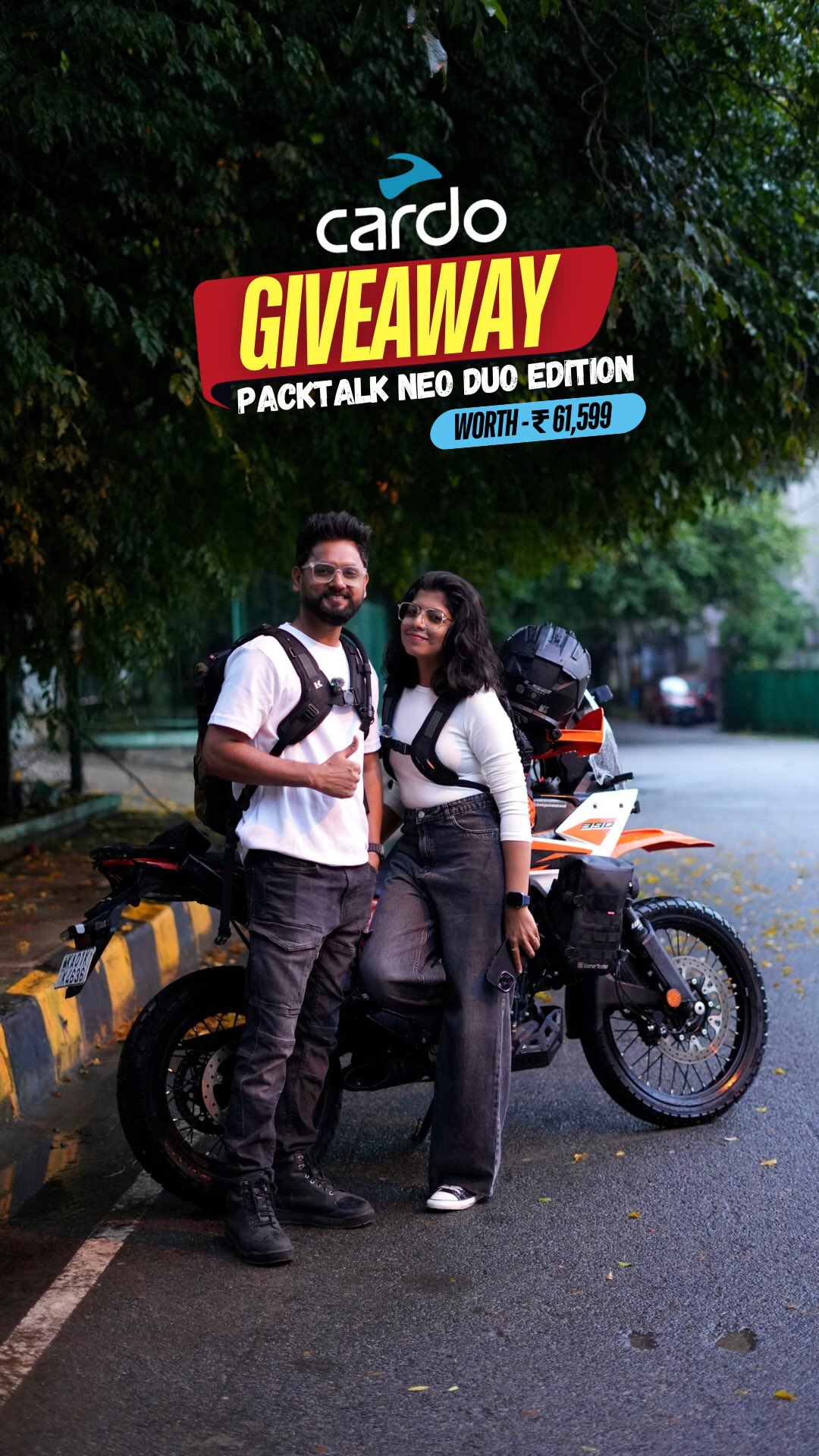 Instagram post by @dustyjacketstravel for Cardo Systems. Caption reads: Win a Cardo Packtalk Neo DUO for YOU AND YOUR....