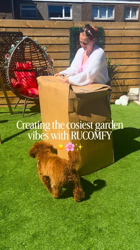 Instagram post by @insidejadesworld.x for rucomfy beanbags. Caption reads: My garden was missing one thing… comfort 🌿✨🩷🌸....