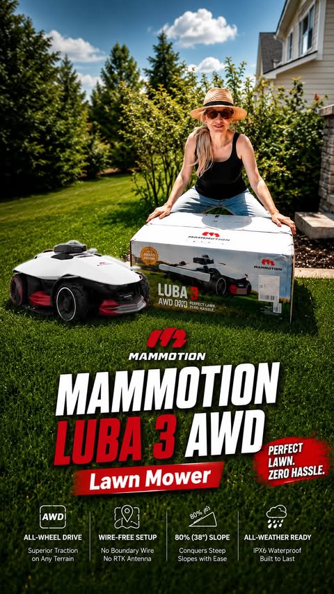 Instagram post by @dileks_journal for Mammotion Tech. Caption reads: I didn’t expect lawn care to get this easy… No....