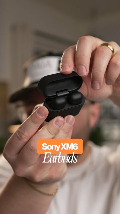 Instagram post by @imparkerburton for Sony. Caption reads: [...] earbuds are finally here! #wf1000xm6....