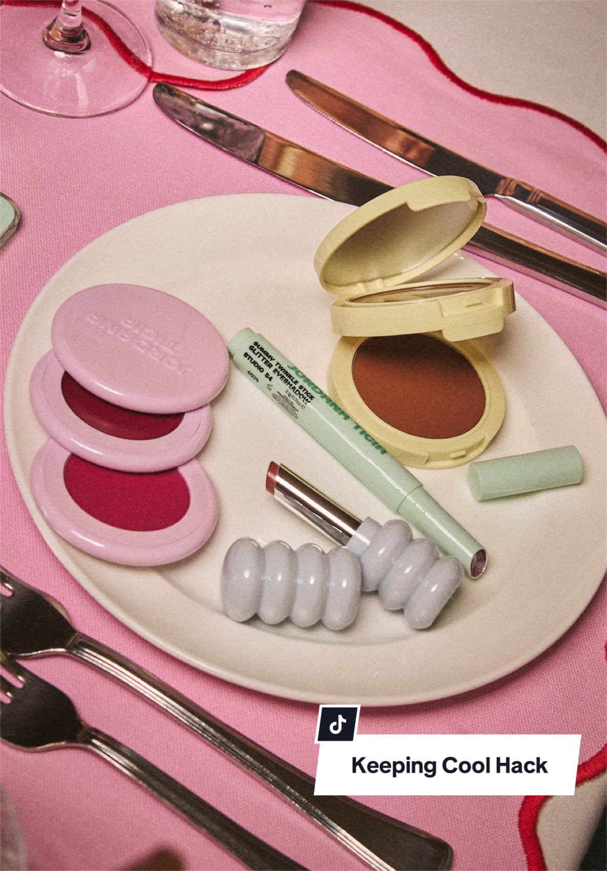 TikTok post by @elliepurvis for Jordana Ticia Cosmetics. Caption reads: @Jordana Ticia cooling hack has saved me....