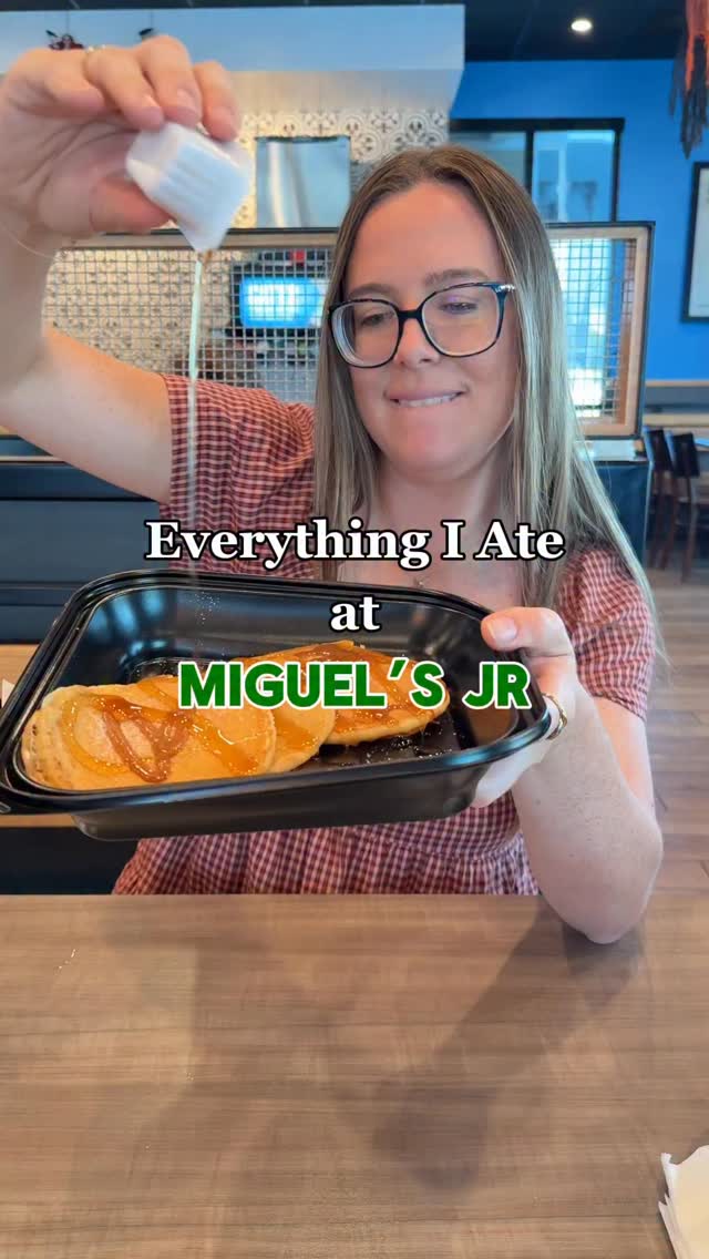 Instagram post by @eatswithevad for Miguel's Jr. Caption reads: #ad Chorizo tacos and churro pancakes from....