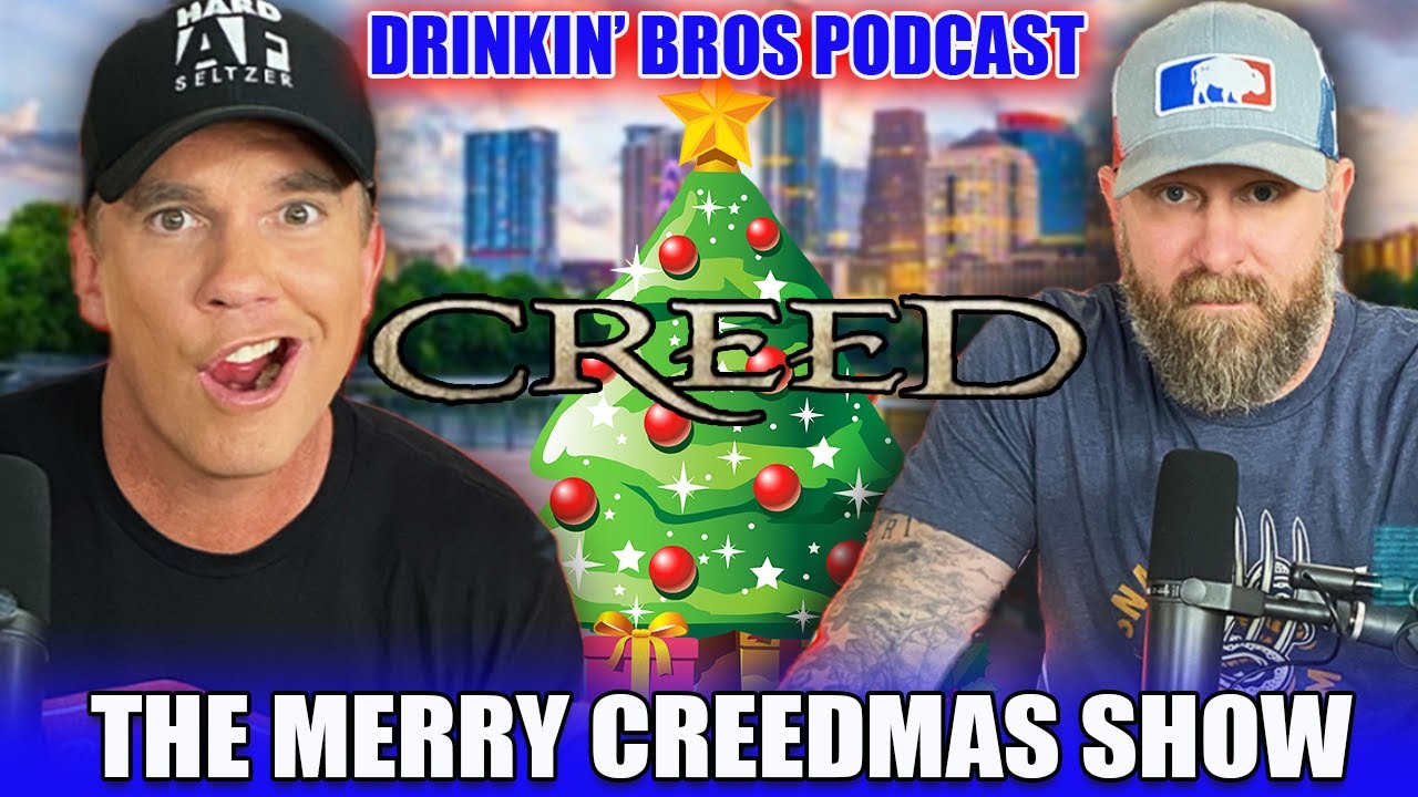 YouTube post by @DrinkinBrosPodcast for Montana Knife Company. Caption reads: The Merry Creedmas Show - Drinkin Bros Podcast....