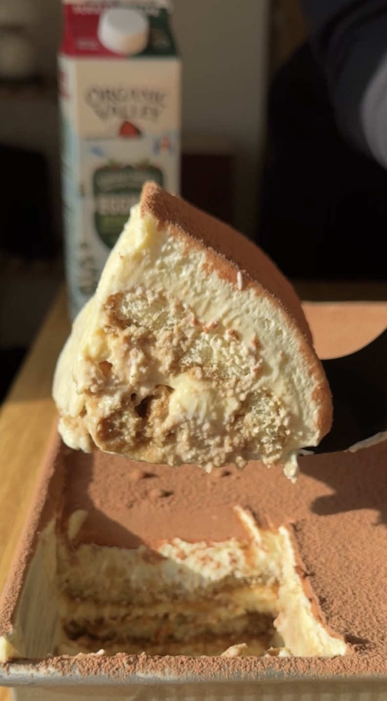 TikTok post by @bengingi for Organic Valley. Caption reads: HOW IS EGGNOG TIRAMISU NOT A THING?? Tiramisu is....