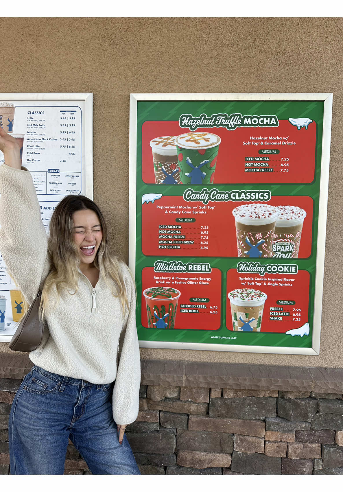 TikTok post by @nathalyycuevas for Dutch Bros Coffee. Caption reads: trying the NEW holiday drinks at Dutch bros 💌😍 I....