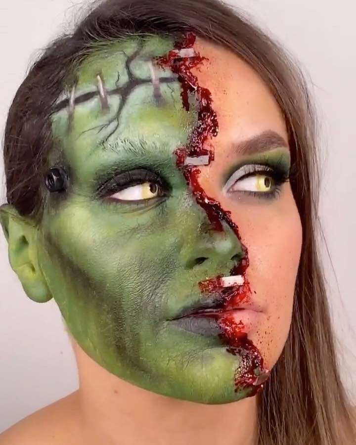 Instagram post by @rubymediamakeup for Ben Nye Makeup. Caption reads: Frankenstein tutorial 💚🖤
Obsessed with these....