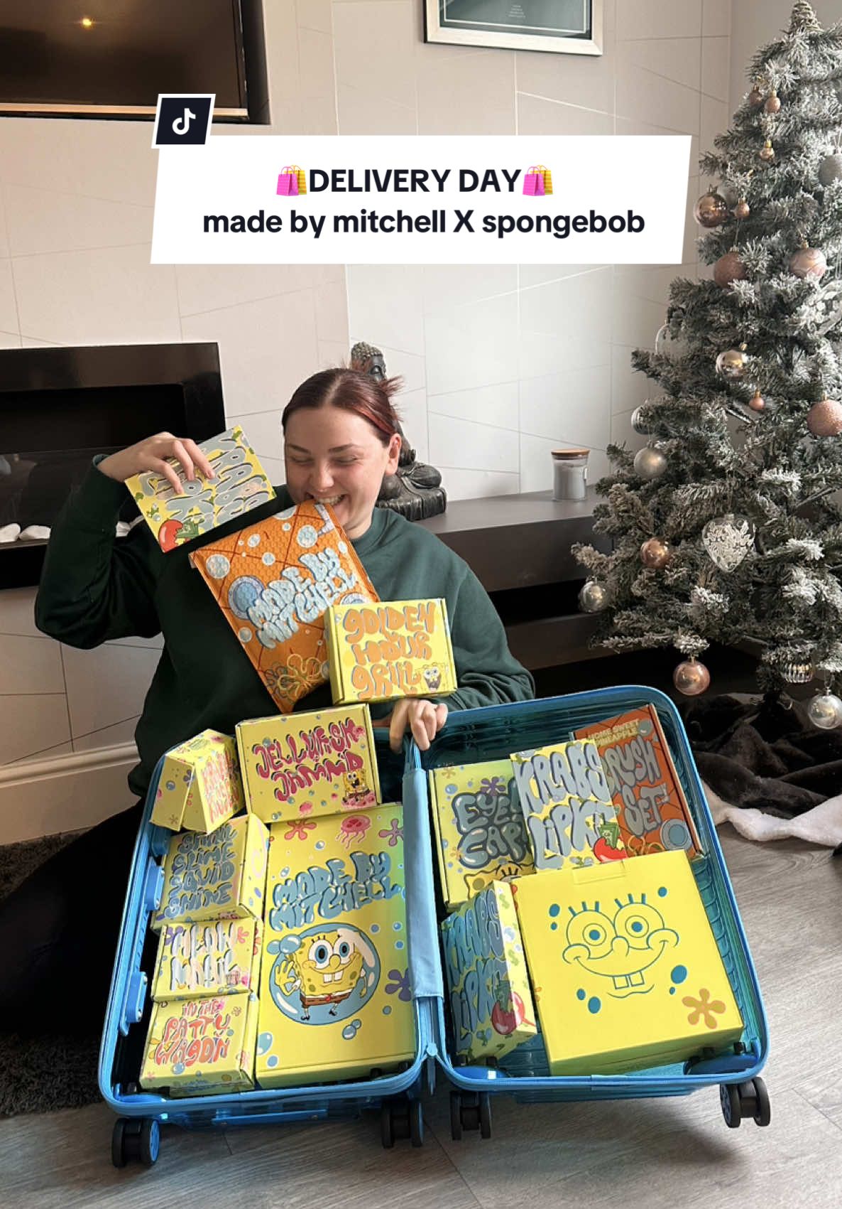 TikTok post by @rachelspicer_ for MADE BY MITCHELL. Caption reads: @🇬🇧MADEBYMITCHELL🇬🇧 X SPONGEBOB 🛍️DELIVERY....