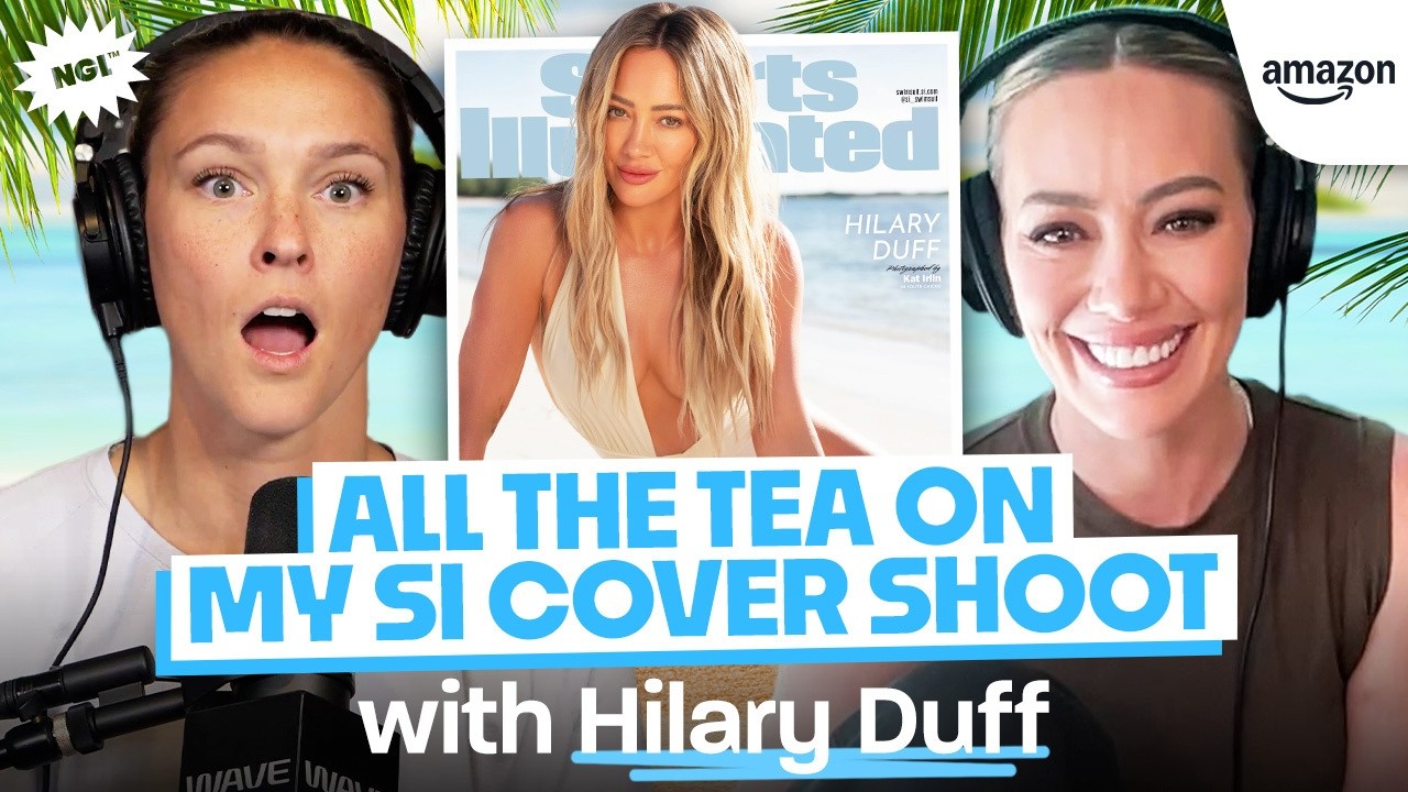 YouTube post by @nglwithkylie for Liquid I.V. Italia. Caption reads: Kylie & Hilary Duff on BTS of SI Swimsuit Cover,....
