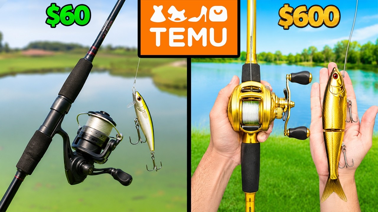 YouTube post by @ADUB1 for Click Discount. Caption reads: $60 vs $600 TEMU Budget Fishing Challenge.