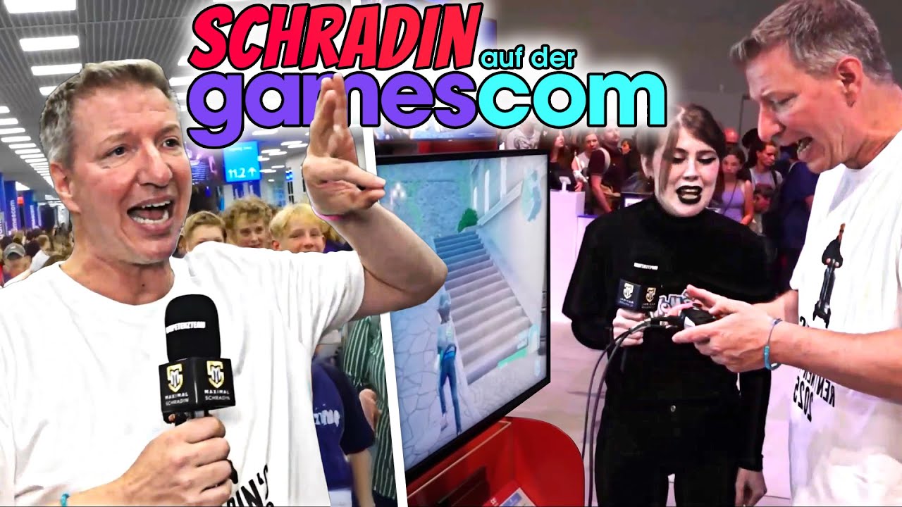 YouTube post by @maximalschradin for Holy Squad. Caption reads: SCHRADIN at GAMESCOM 25🎮💥 RETRO GAMER SHATTENS....