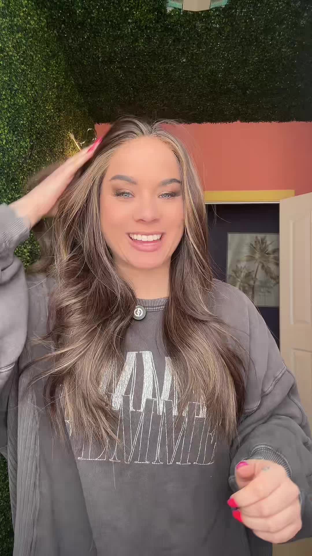 TikTok post by @elizabethwearswigs for Chelsey Smith Cosmetics. Caption reads: Dakota in brunette beauty and golden copper from....