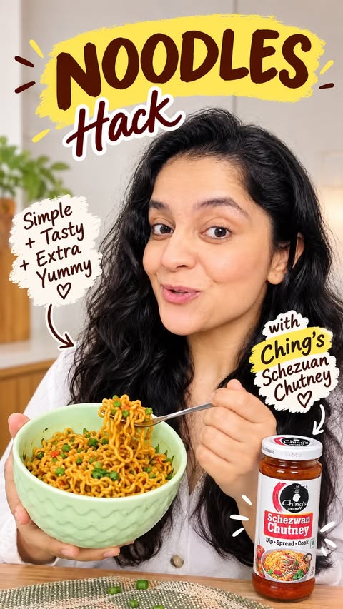Instagram post by @amay_tyagi2024 for Ching's Secret. Caption reads: Simple noodles ko bnao extra yummy, spicy & full....