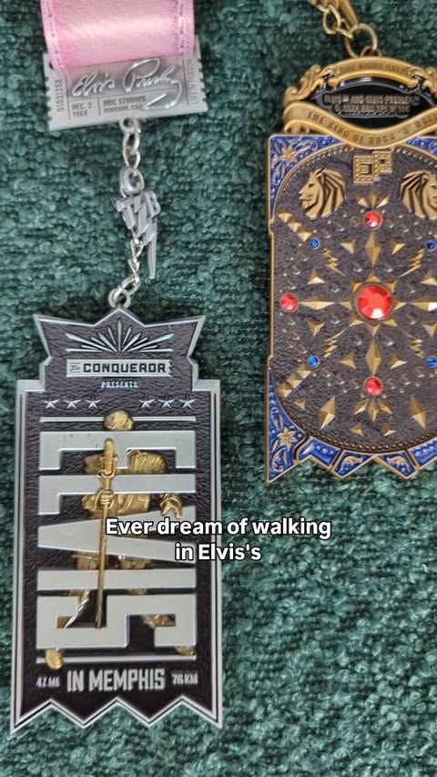 Instagram post by @unhingedaboutelvis for The Conqueror Virtual Challenges. Caption reads: ✨ Walking in Memphis hits different on the King’s....