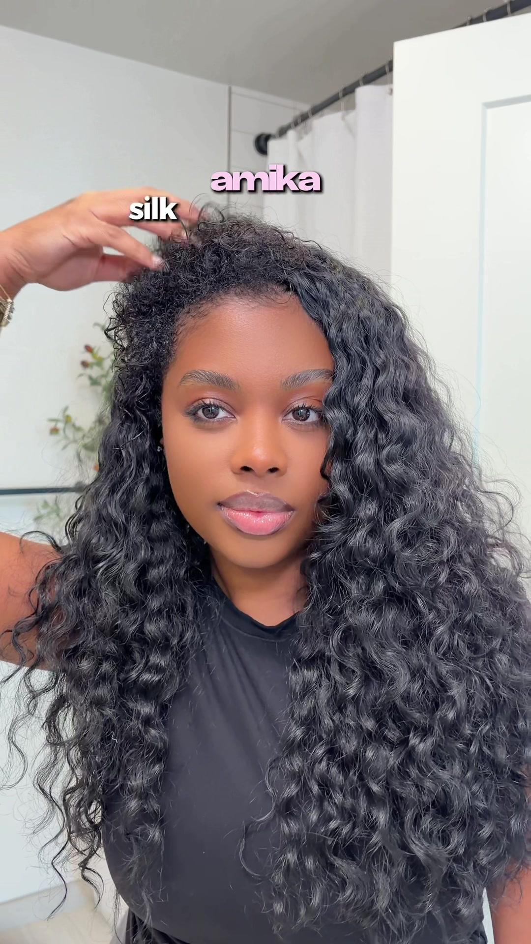 TikTok post by @xomirielle for Amika. Caption reads: [...] on to two of my go-to products from @amika!....