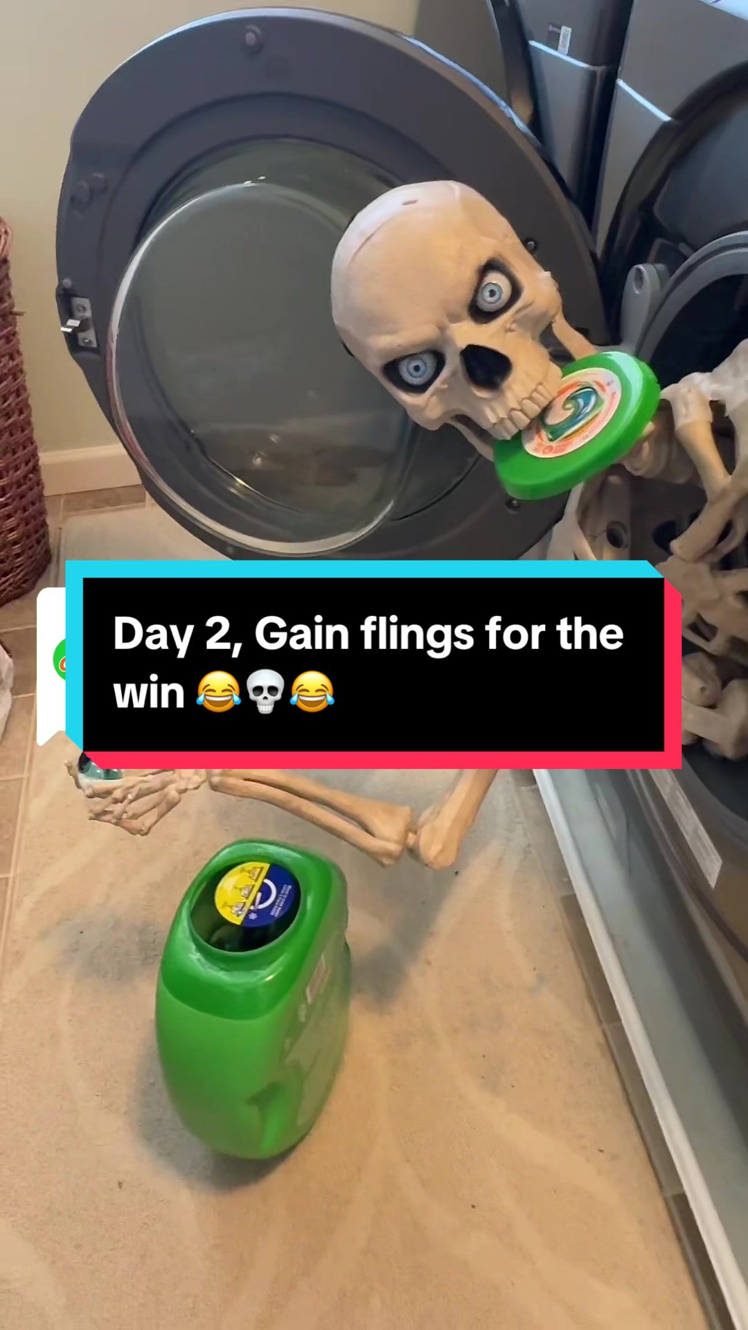 TikTok post by @jogmabeck for I Love Gain. Caption reads: Replying to @Gain Day 2 of hiding skeletons around....
