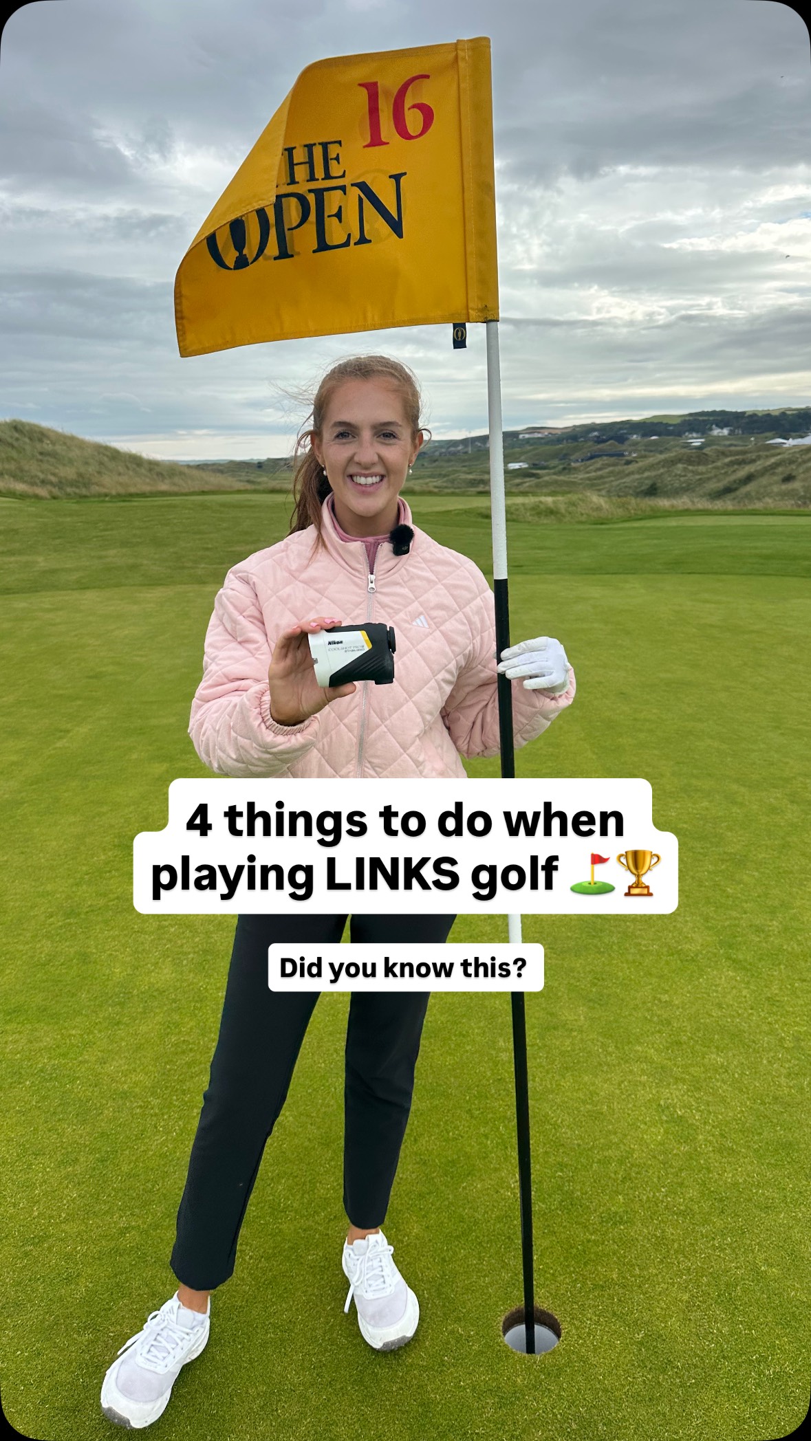Instagram post by @georgiagolfcoach for Nikon Europe. Caption reads: Do this when playing LINKS golf ⛳️🌾🏆....