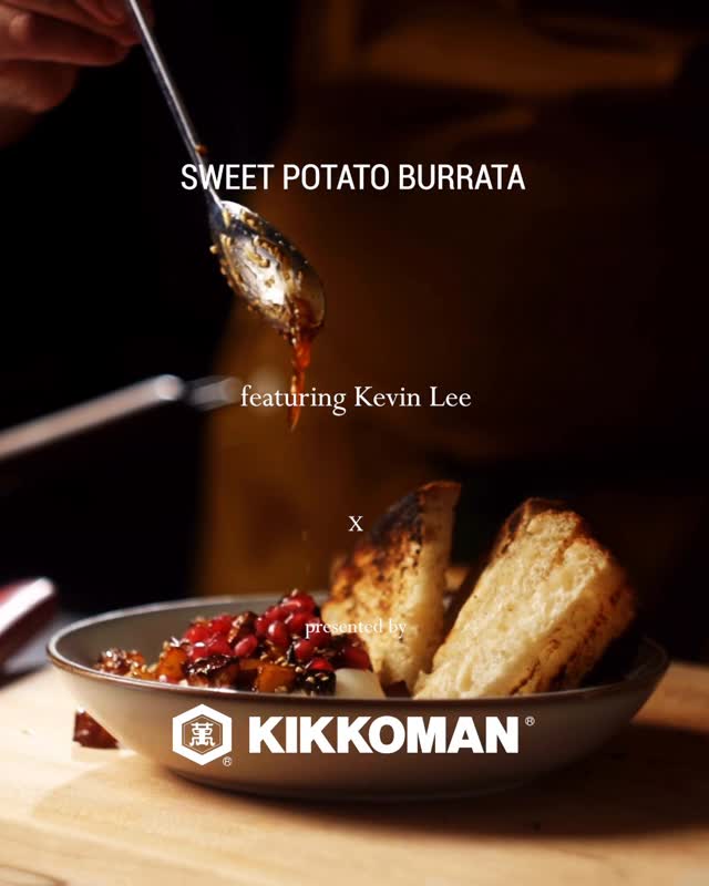 Instagram post by @chefkleeokc for Kikkoman USA. Caption reads: Sweet potato. Burrata. Pomegranate. Done.....