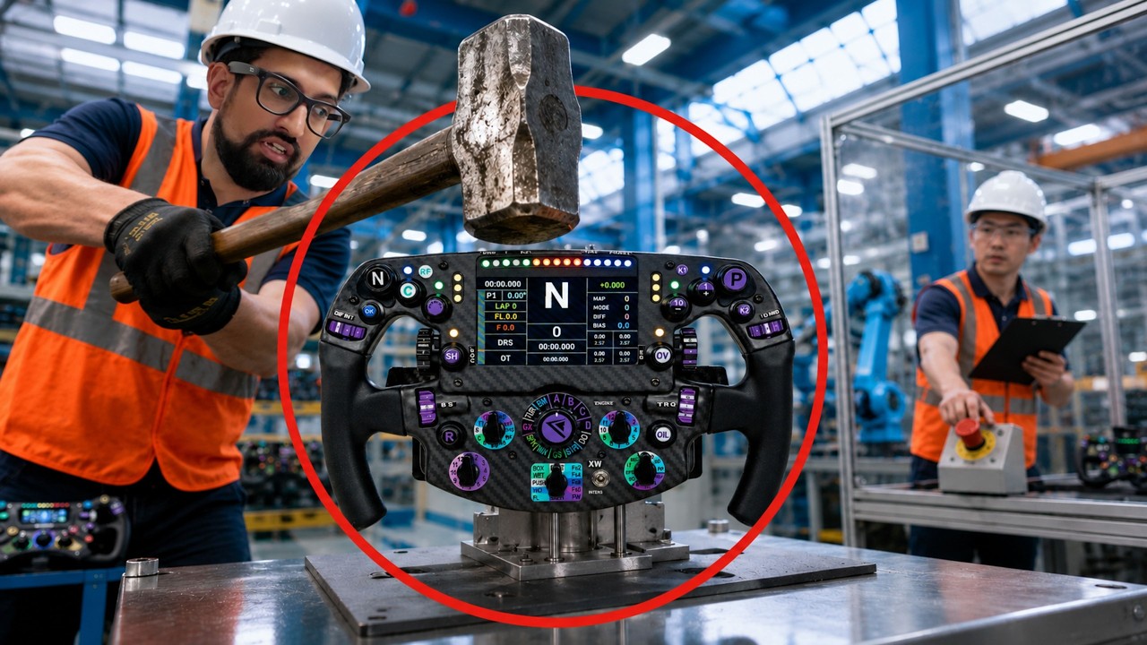 YouTube post by @Kireth for Thrustmaster. Caption reads: I Sneaked Into A Chinese Sim Racing Factory!.