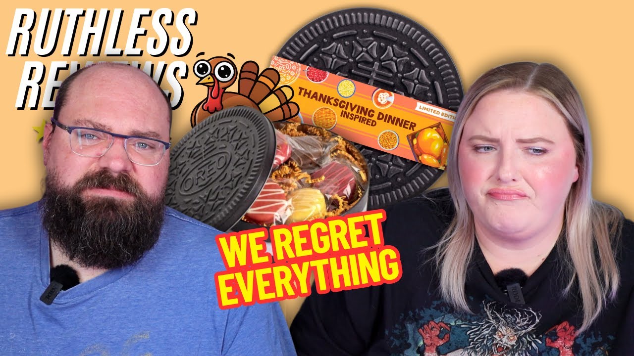 YouTube post by @TheresaisDead for Nomad Cosmetics. Caption reads: We Tried The Oreo Thanksgiving Dinner Cookie Tin....