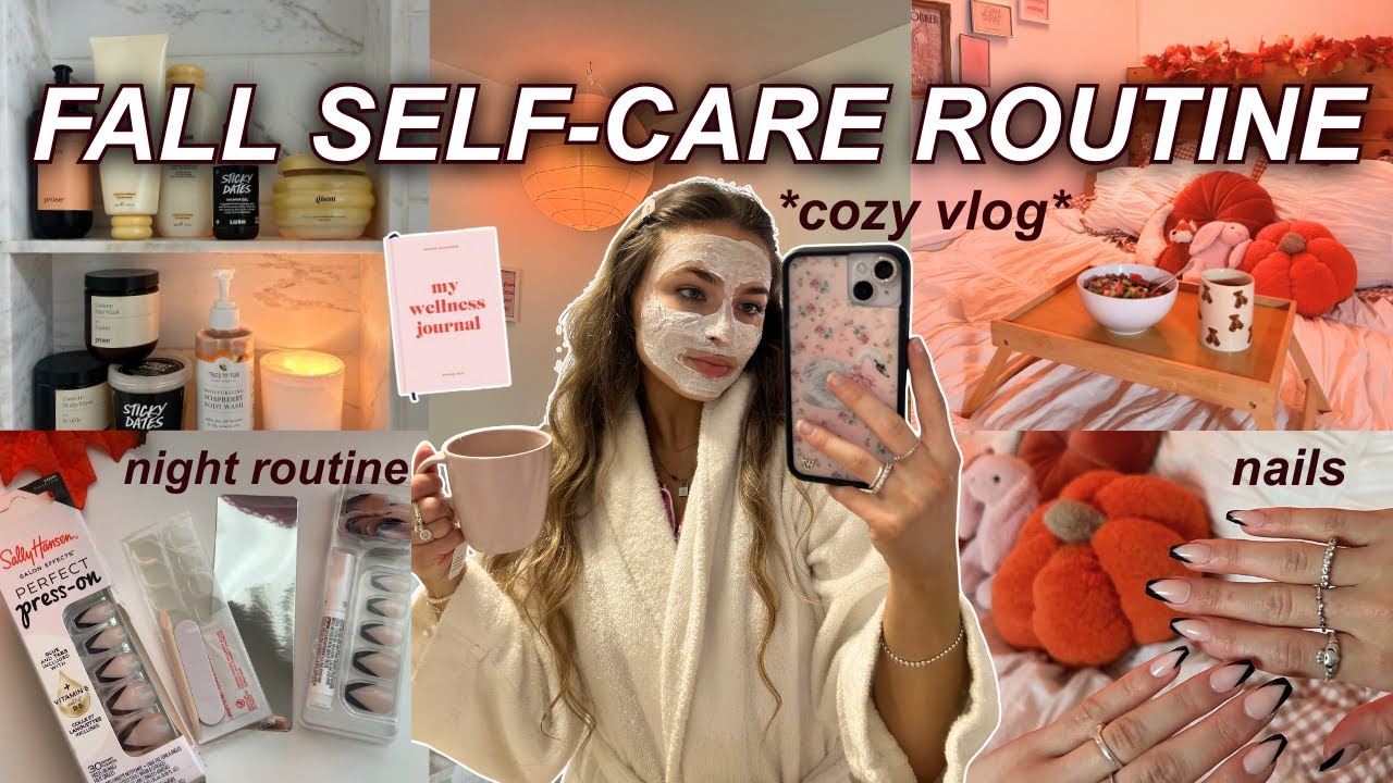 YouTube post by @sophiediloreto for Vsco. Caption reads: FALL SELF-CARE ROUTINE 🧸☕️ cozy habits, nail....