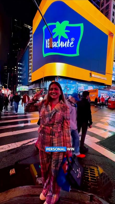 Instagram post by @missfashioncupid for Parachute Advansed. Caption reads: POV: You’re enjoying Diwali in Times Square and....