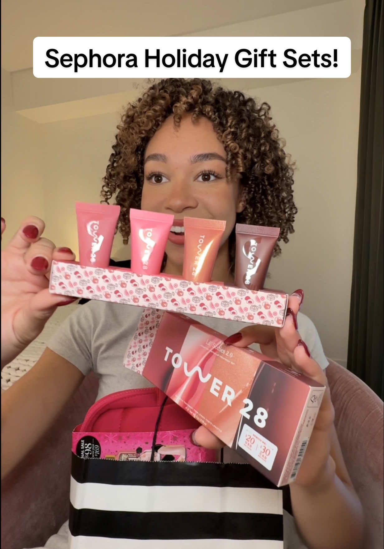 TikTok post by @makaylalysiak for Tower 28 Beauty. Caption reads: Tis the season for holiday gift sets from @sephora....