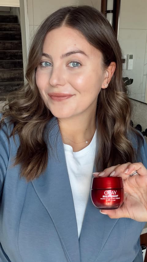 Instagram post by @caralynmirand for OLAY. Caption reads: #ad #OlayPartner Upgraded formula, new glass jar,....