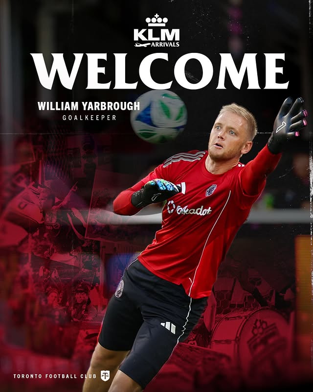 Instagram post by @williampyarbrough for KLM Royal Dutch Airlines. Caption reads: Reinforcement between the sticks 🧤 Toronto FC....