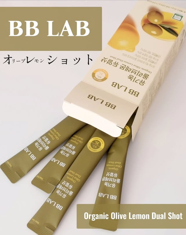 Instagram post by @taehyung1230.thv for Nutrione. Caption reads: 🏷︎⸝‍⋆PR⁡ ⁡⁡ ⁡⁡BB LAB⁡ ⁡オーガニックオリーブレモンデュアルショット🫒🍋....