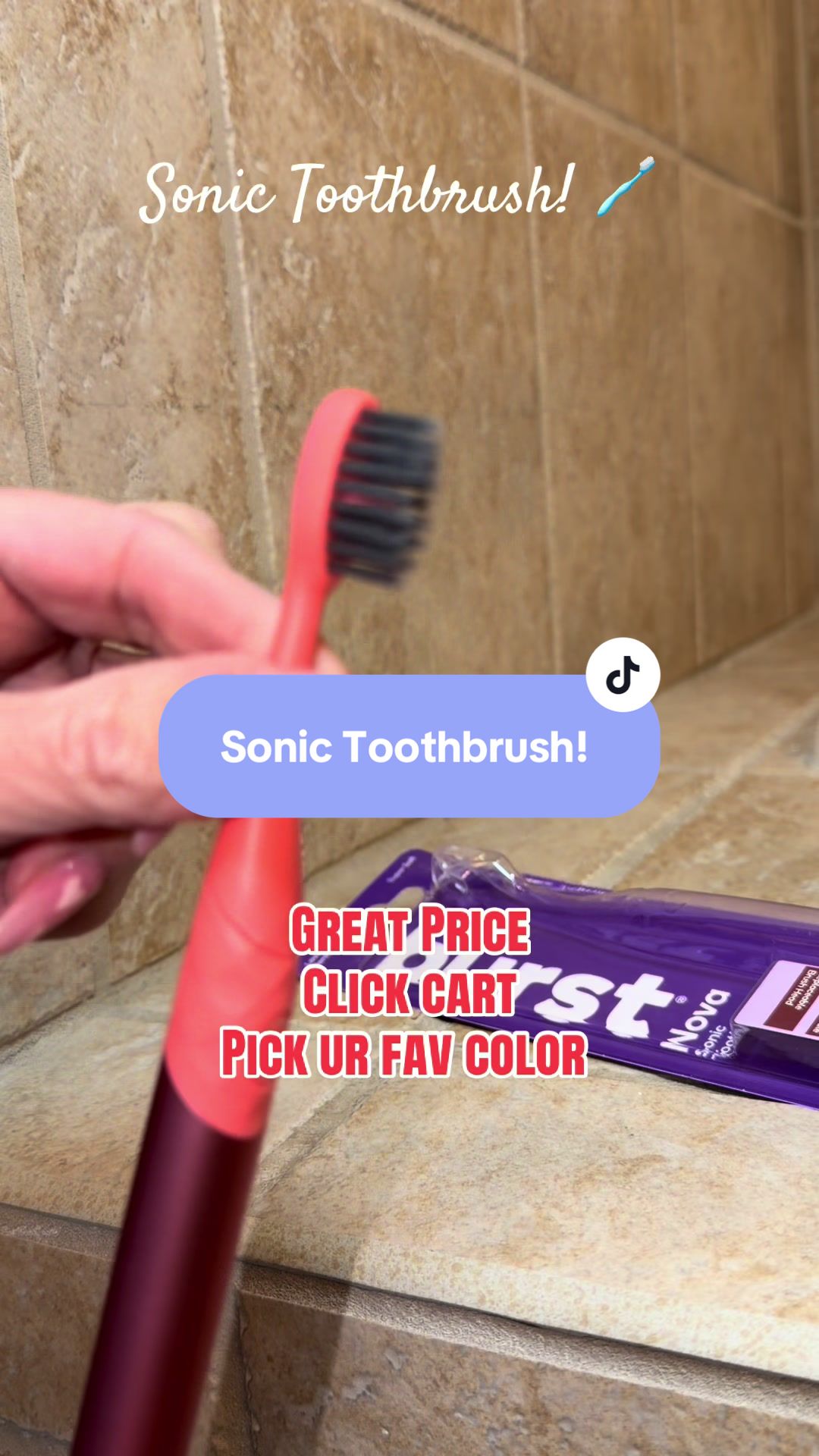 TikTok post by @sherinstylellc for Burst Oral Care. Caption reads: [...] Mode, AAA Battery, Aluminum Handle. @BURST....