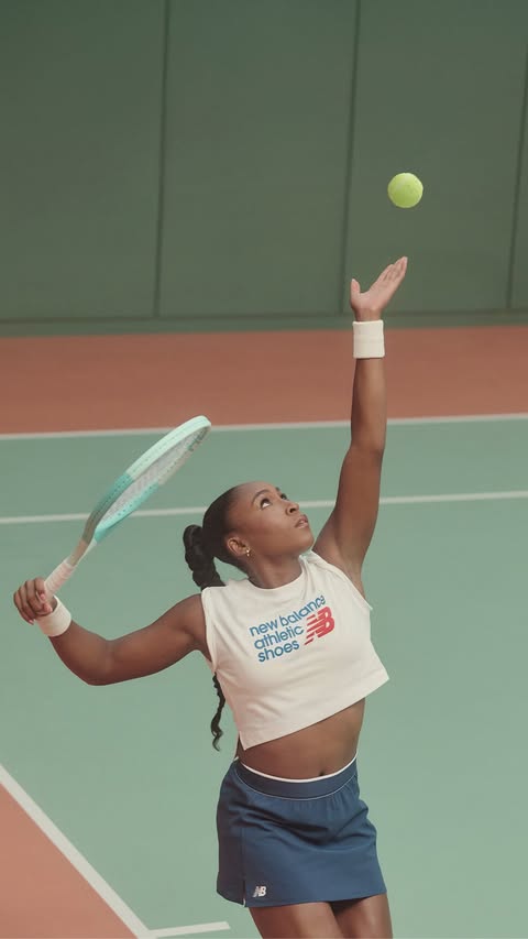 Instagram post by @cocogauff for New Balance. Caption reads: Grand ambitions. @cocogauff.