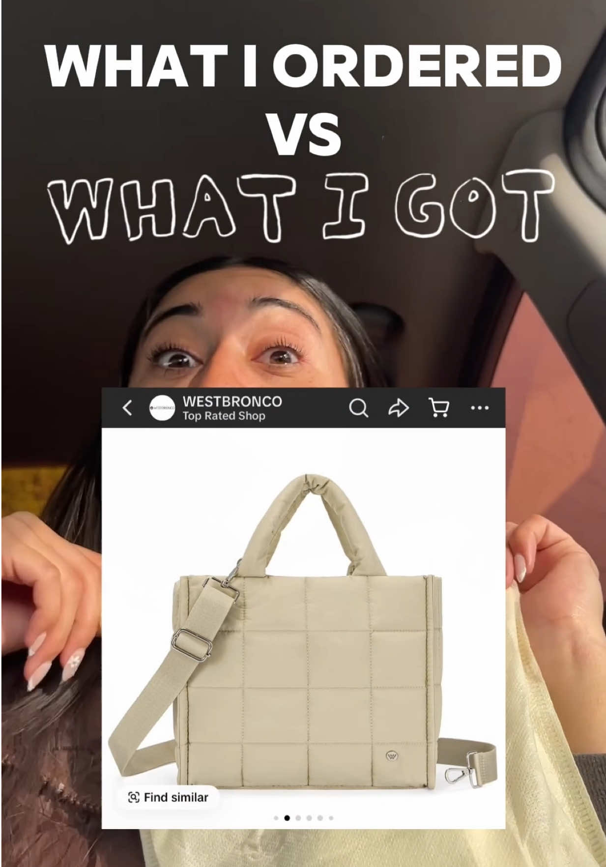 TikTok post by @bananniz for Westbronco. Caption reads: [...] vs what I got ✨✨✨ Puffer Tote from....