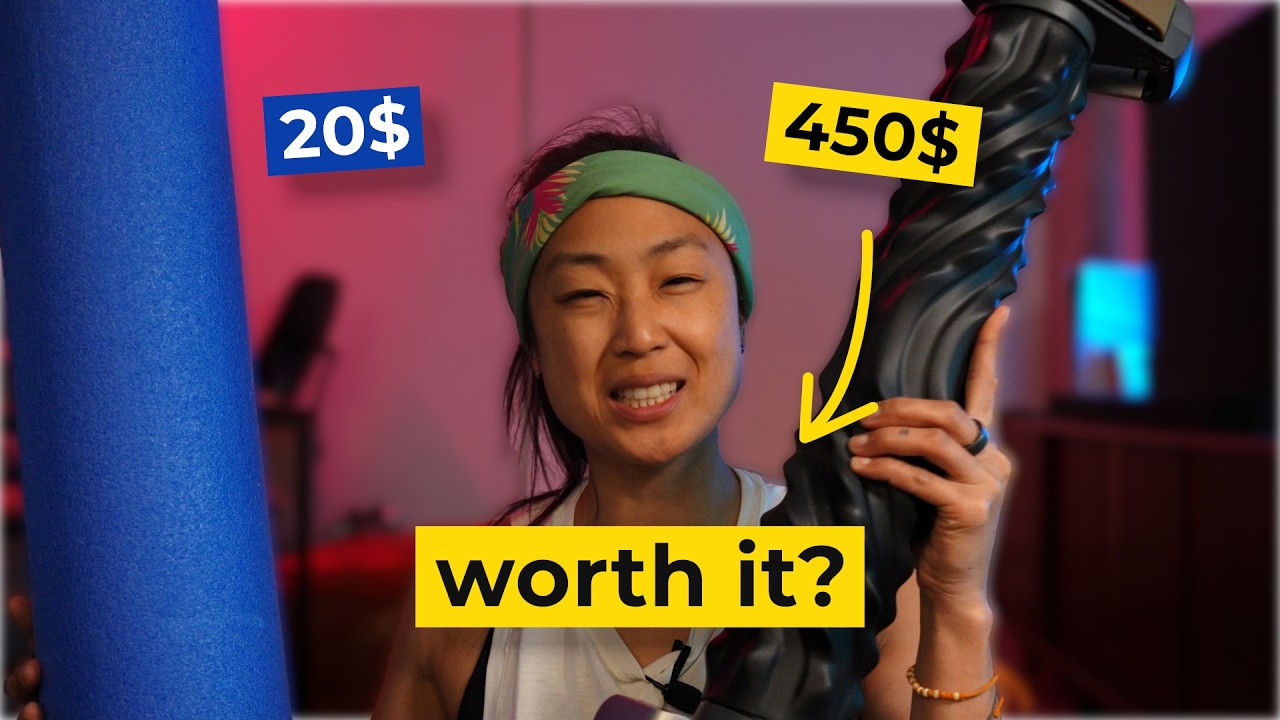 YouTube post by @GadgetsGearCoffee for Achedaway. Caption reads: What Can a Tech Foam Roller Do That a Cheap One....