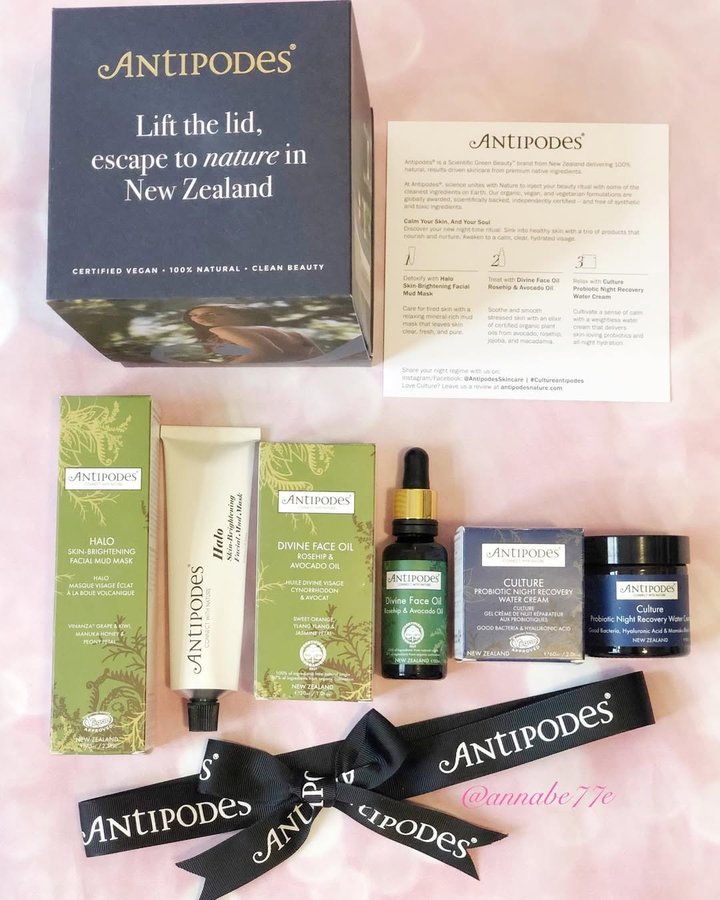 Instagram post by @annabe77e for Antipodes Skincare. Caption reads: @antipodesskincare Antipodes has recently launched....