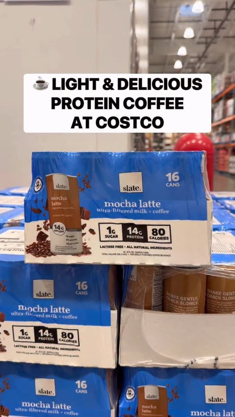 Instagram post by @costcobuys for Slate Milk. Caption reads: 😍 Slate Mocha Latte Protein Iced Coffee just....