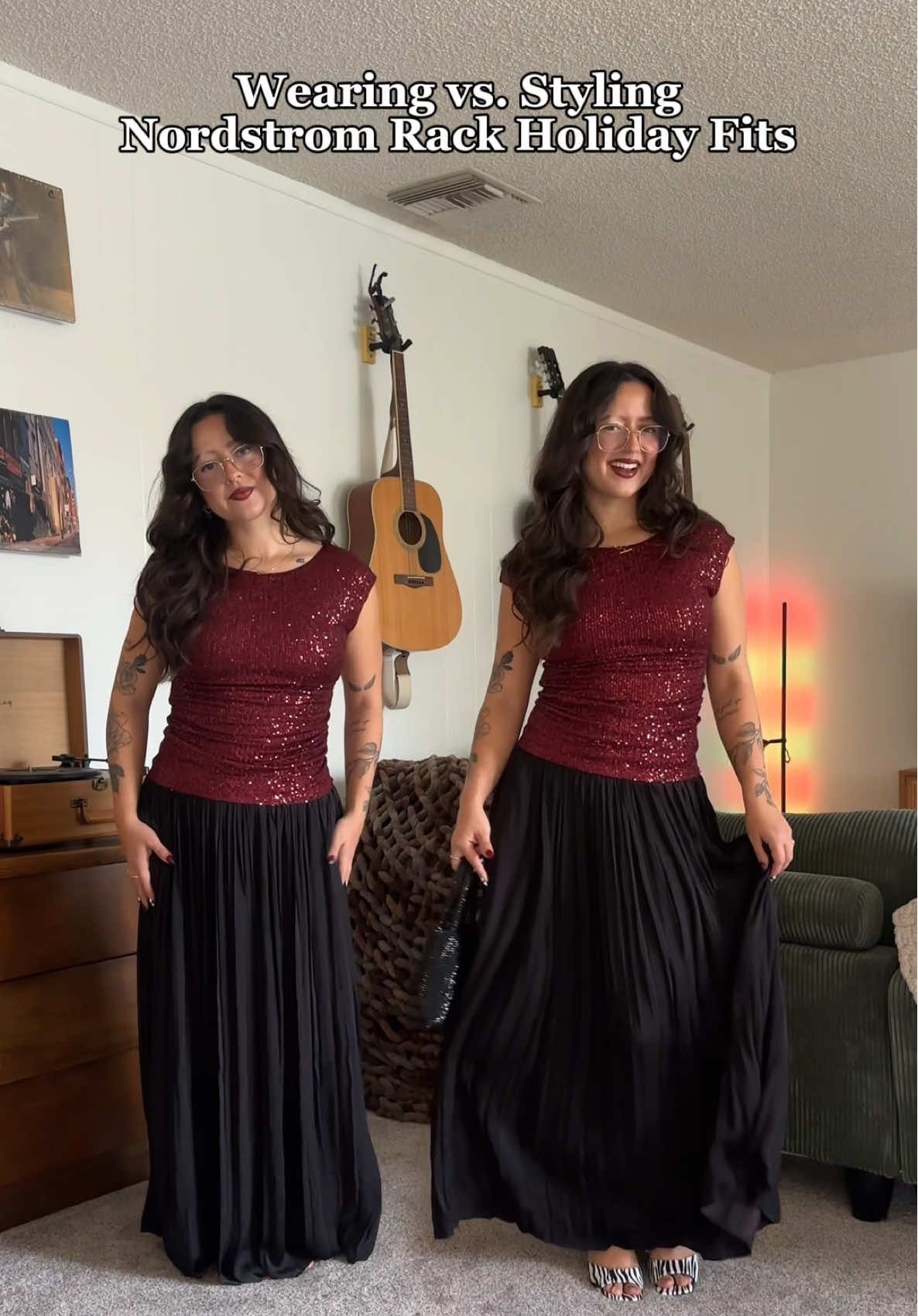 TikTok post by @charliandrea for Nordstrom Rack. Caption reads: Got alllll of my holiday fits covered with....