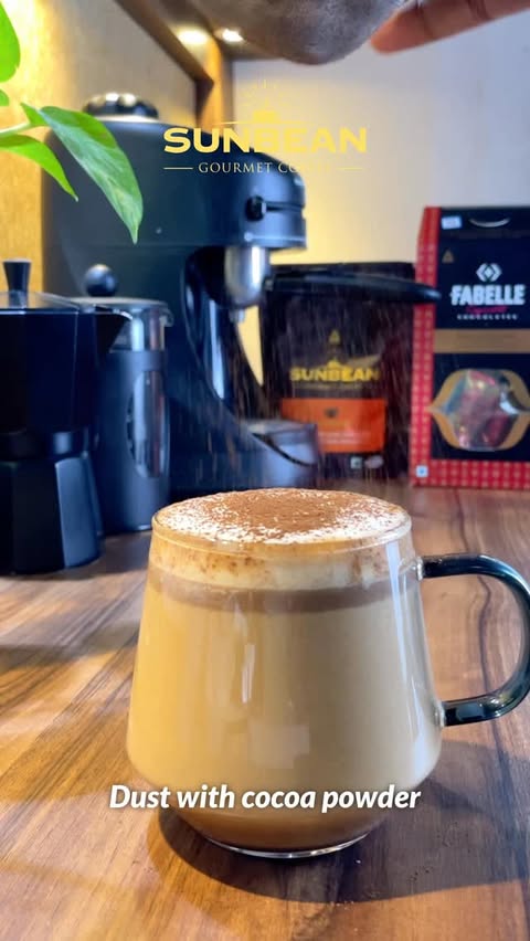 Instagram post by @jeet_brews for Sunbean Coffee. Caption reads: [...] + milk) - A dusting of cocoa powder (Sunbean....