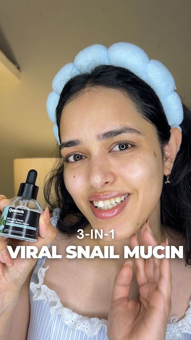 Instagram post by @glow.w.ish for Quench Botanics. Caption reads: Our 92% Snail Mucin Collagen Boost Serum is a....